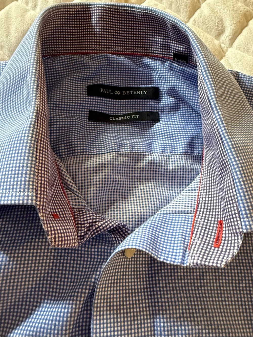 Paul Betenly Classic Fit Blue Micro Check Dress Shirt Contrast Trim Size 16L
